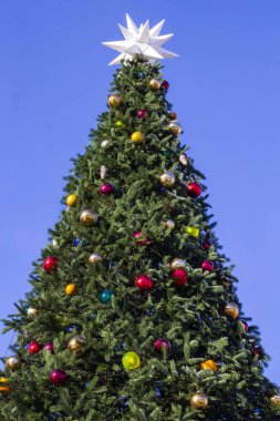 Üstünde büyük beyaz bir yıldız olan yeni yıl ağacı. Dallarda çok renkli toplar var. Mavi gökyüzü