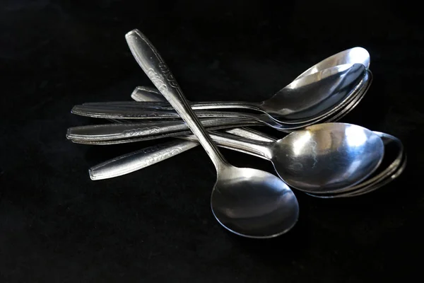 Pile Spoons Black Background Kitchen Table House Restaurant — Stock Photo, Image