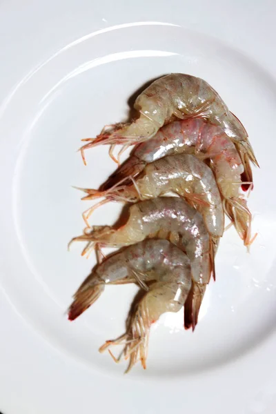 Photo Crevettes Crues Fraîches Sur Une Assiette Prête Cuire — Photo