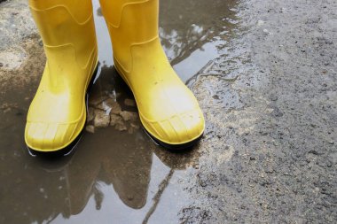 Su birikintisindeki sarı lastik botların fotoğrafı, bu ayakkabılar genellikle işçiler ve çiftçiler tarafından giyilir, bu botlar su geçirmez.