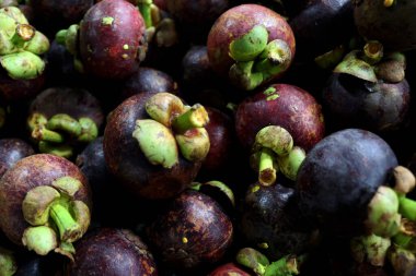 Meyve pazarında bir yığın mangosteen meyvesi.