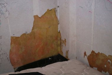 Eski, yıpranmış duvar yazısı dolu bir evin fotoğrafı.