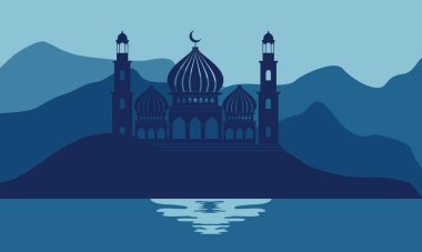 Tepelerdeki cami göl illüstrasyon vektör tasarımı ile