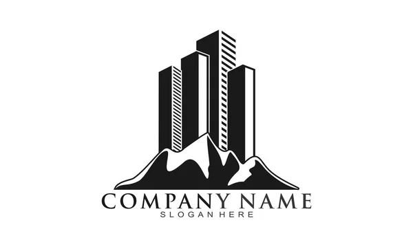 Montanha Arranha Céus Edifício Vetor Logotipo — Vetor de Stock