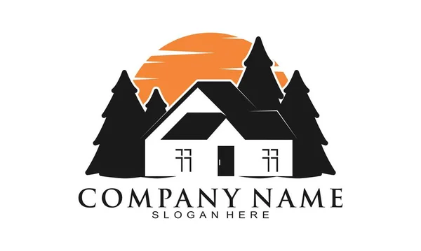 Casa Floresta Com Logotipo Vetor Por Sol — Vetor de Stock