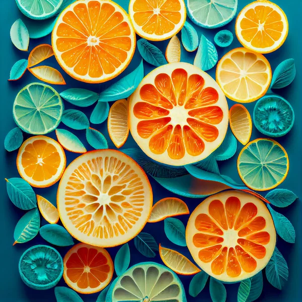 Colorful pattern of citrus slices and leaves