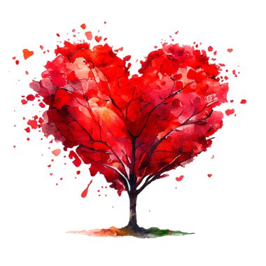 Kırmızı kalp şekilli ağaç beyaz arka planda izole edilmiş. Suluboya çizimi