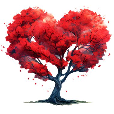Kırmızı kalp ağacı beyaz arka planda izole edilmiş. Suluboya çizimi
