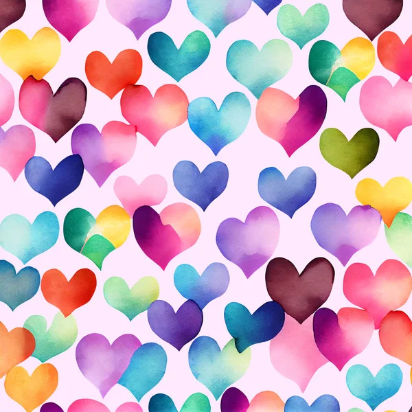 Aquarel Achtergrond Met Kleurrijke Harten Valentijnsdag Patroon — Stockfoto