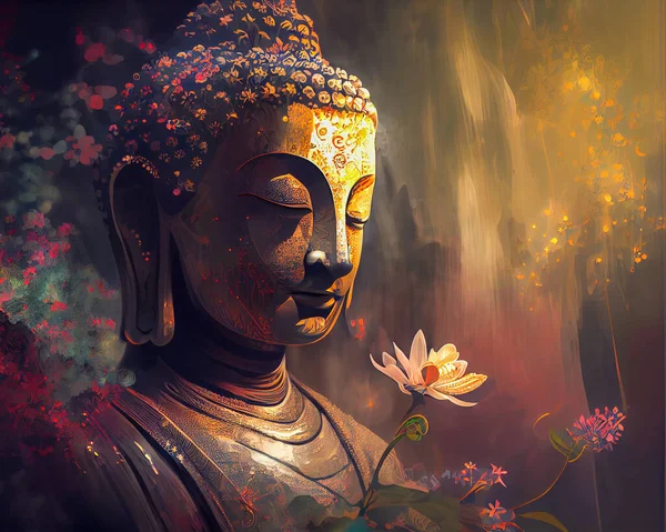 Buddha Statua Virágokkal — Stock Fotó