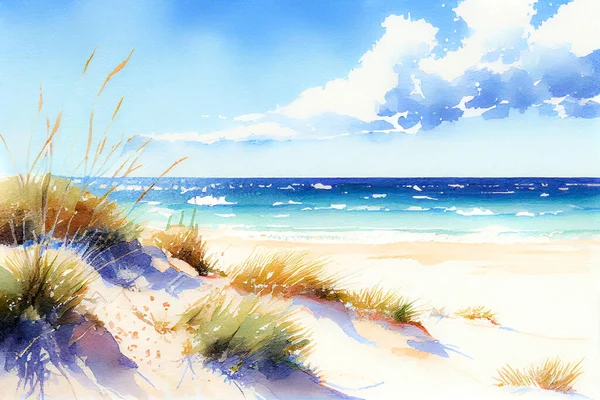 Прекрасний Піщаний Пляж Блакитне Небо Акварельна Ілюстрація — стокове фото