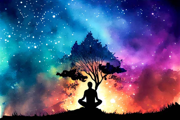 Silhouette Man Meditate Cosmic Space Watercolor Illustration — Stock Photo, Image