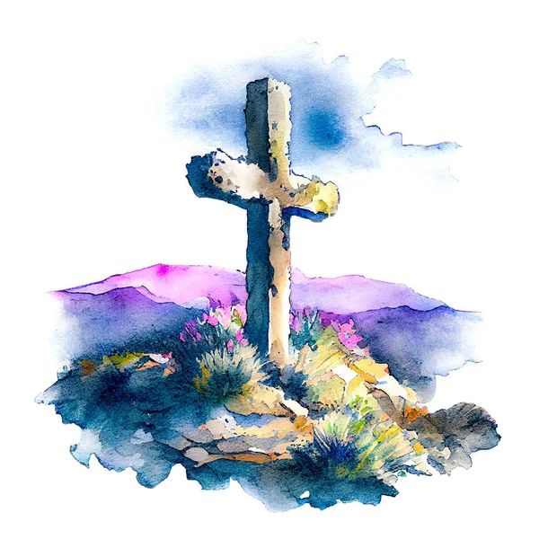 Watercolor Easter Cross Hill — Stock Photo, Image