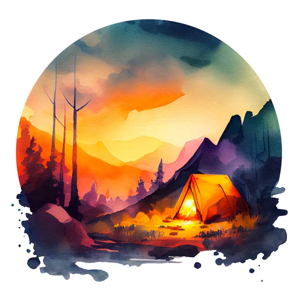 日落时 游客们在山上露营 水彩画 — 图库照片
