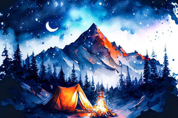 Acampar Las Montañas Bajo Las Estrellas Ilustración Acuarela —  Fotos de Stock