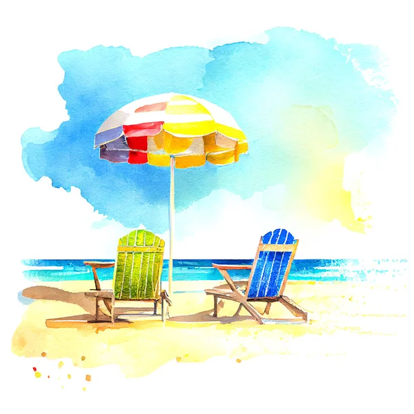 Песчаный Пляж Лежаками Зонтиком Летняя Акварельная Иллюстрация — стоковое фото