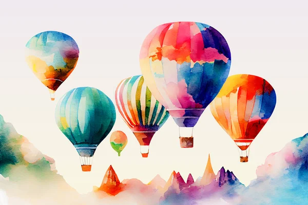 Ilustração Aquarela Balões Quente Coloridos Céu — Fotografia de Stock