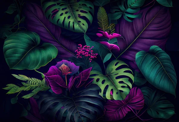 热带绿色和紫色叶状植物背景 — 图库照片#