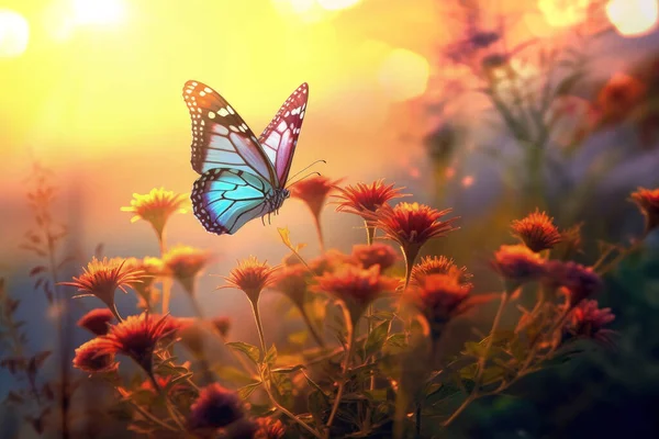 Lkbahar Sabahı Çiçekli Kelebekli Doğa — Stok fotoğraf
