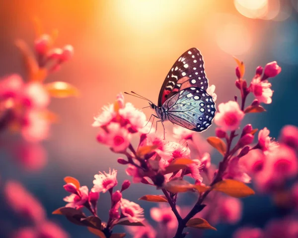 İlkbahar sabahı çiçekli ve kelebekli doğa.