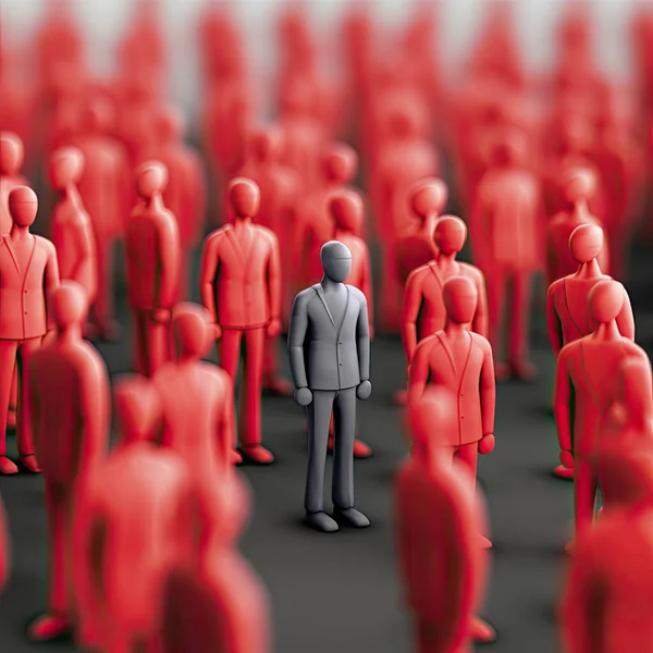 Person in the crowd of people. Be different and standing out from the crowd concept. 3D illustration