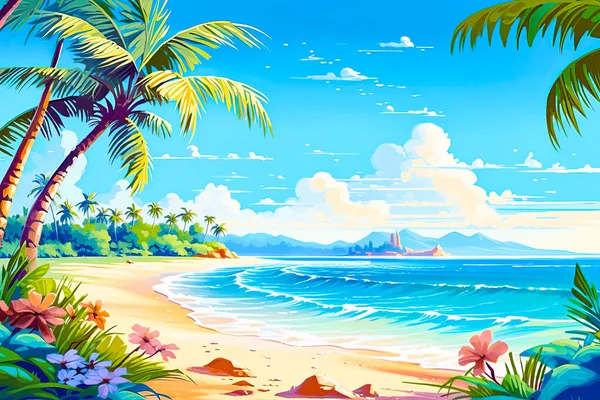 拥有棕榈树和花朵的阳光充足的热带海滩 — 图库照片#