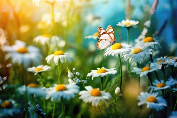 Flores Margarida Borboleta Primavera Manhã — Fotografia de Stock