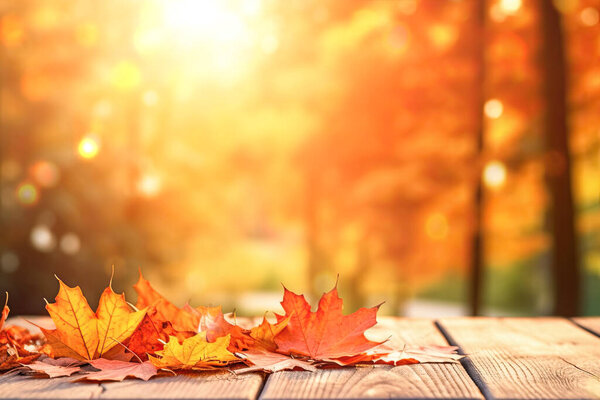 Autumn blurred background with wooden table and orange leaves