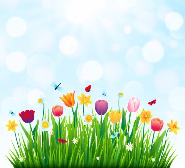 Renkli çiçeklerle, yeşil çimlerle ve mavi gökyüzüyle bahar doğası. Vektör illüstrasyonu