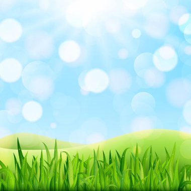 Yeşil çimenler, çiçekler, tepeler ve güneş ile yaz çayır manzara. Vektör çizimi