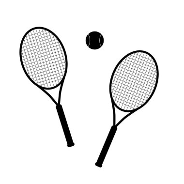 Tenis topu ve raketlerden oluşan basit bir siluet seti. Düz dizayn, sporla ilgili projeler için mükemmel olan beyaz bir arkaplanda izole edilmiştir.