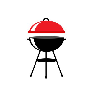 Beyaz arka planda kırmızı kapaklı siyah bbq ızgarası