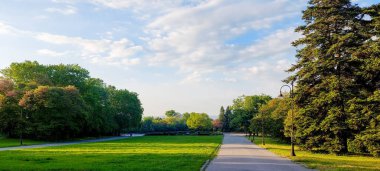 Mavi gökyüzü altında ağaçlar ve lambalar olan sessiz park yolu, Varna, Bulgaristan
