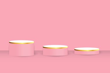 pink, white cylinder pedestal podium. Emboss ring shape with pastel color backdrop. Abstract vector rendering 3d shape. Cosmetic product display presentation. Minimal wall scene