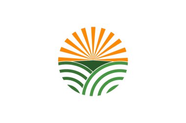 farm logo design. organic product. sun and green field. minimal vector emblem