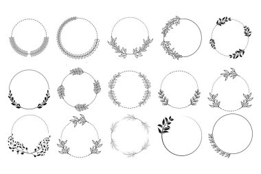 Bir dizi siyah şöhret dalları çerçeveler. Antika defne çelenkleri koleksiyonu. El yapımı Laurel vektörü dekoratif elementler bırakır. Yapraklar, girdaplar, süslemeler, ödül, ikon.