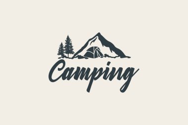 Yaz kampı logosu vektör illüstrasyon klasik grafik tasarım ikonu şablonu. Kamp doğa macera işareti ya da turizm seyahati sembolü