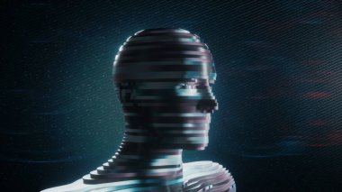 Karanlık arka planda gelecekçi insanımsı. Gelecek ve yenilik kavramı. Bu 3 boyutlu bir çizim. .