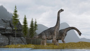 Brachiosaurus dağ gölü yakınlarında. Bu 3 boyutlu bir çizim. .
