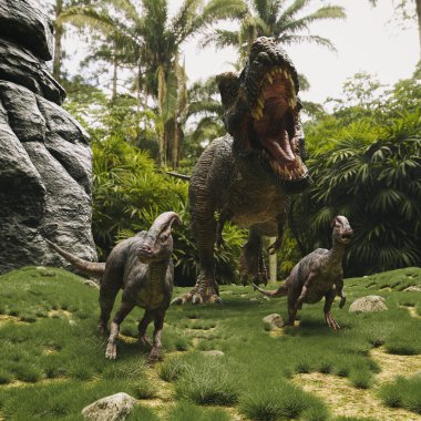 Ormandaki T-Rex ve Parazor. Bu 3 boyutlu bir çizim. . 