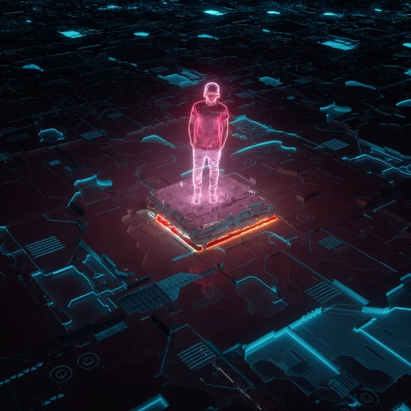 Hologramm Auf Leiterplatte Und Neonröhren Virtuelle Realität Und Metaverses Konzept — Stockfoto