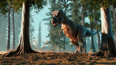 Ormandaki T-Rex. Bu 3 boyutlu bir çizim. . 