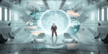 Astronot veri bilgileriyle ekranın önünde duruyor. Fütürist veri analizi. Bu 3 boyutlu bir çizim. .