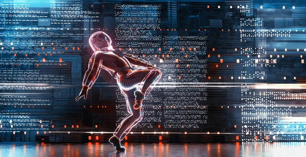 宇航员的全息图在未来派背景下跳舞 虚拟与虚拟现实创新的概念 这是一个3D渲染虹膜 — 图库照片