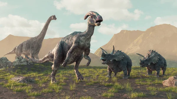 Skupina Dinosaurů Přírodě Toto Ukázka Vykreslování — Stock fotografie