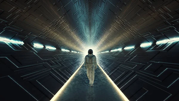 宇航员走在一个未来派的黑暗隧道里 这是一个3D渲染说明 — 图库照片