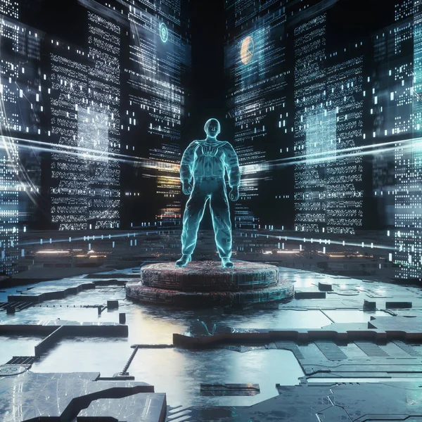 Hologramm Auf Futuristischem Hintergrund Mit Datenbildschirm Metaverse Und Virtual Reality — Stockfoto