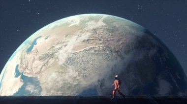 Astronaut walks on structure in front of earth in space . This is a 3d render illustration .