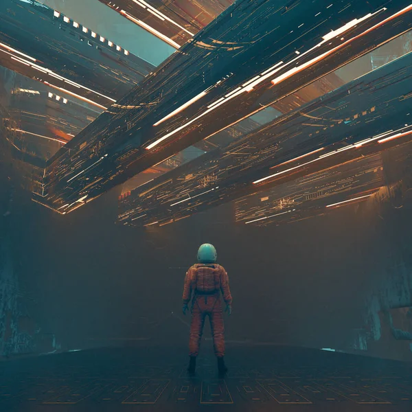 Astronaut Standing Futuristic City Neon Lights Future Technology Meta Concept — Foto de Stock