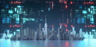 City with data screens . This is a 3d render illustration .